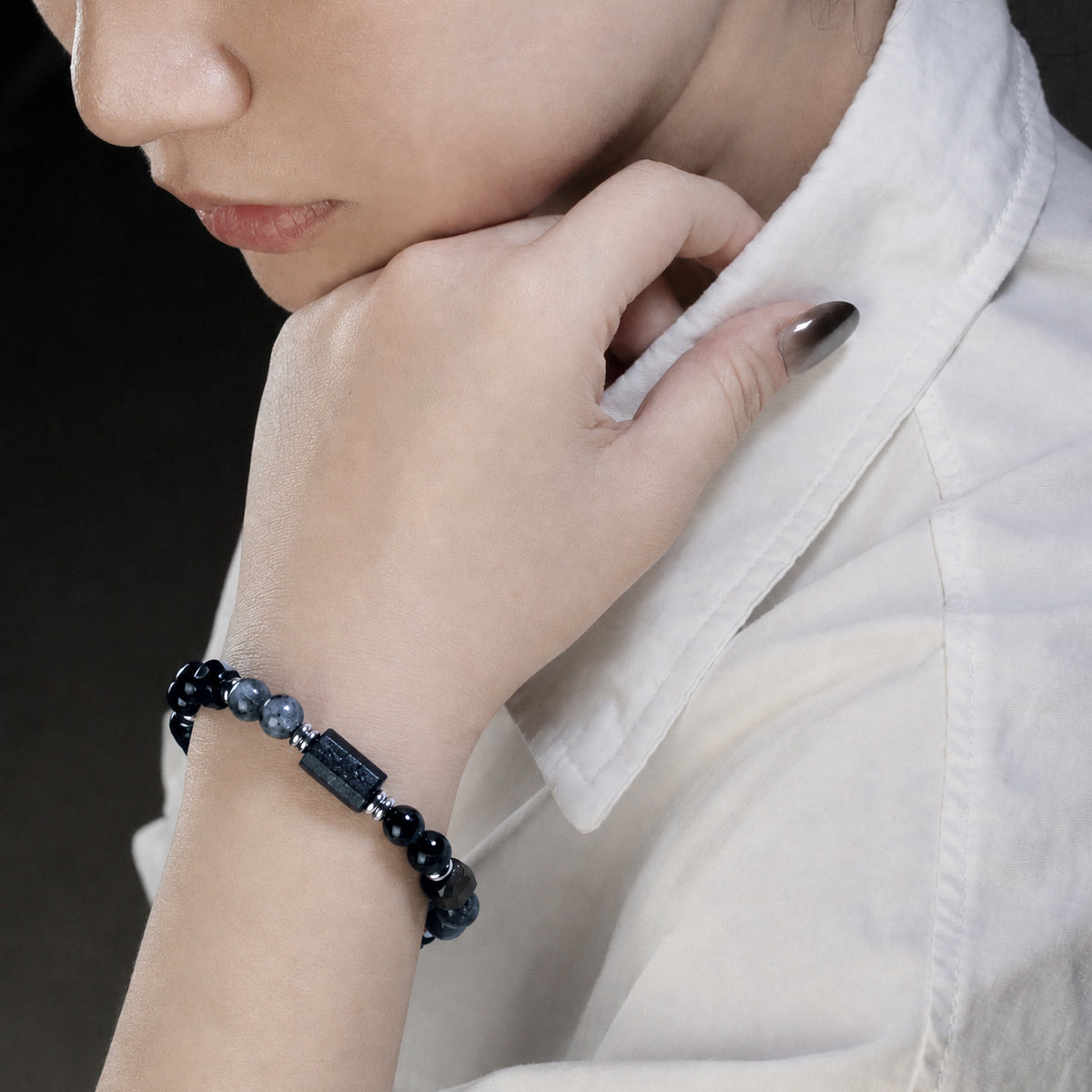 Into the Deep | Black Tourmaline × Obsidian × Blue Flash Larvikite  | Couple Crystal Bracelet