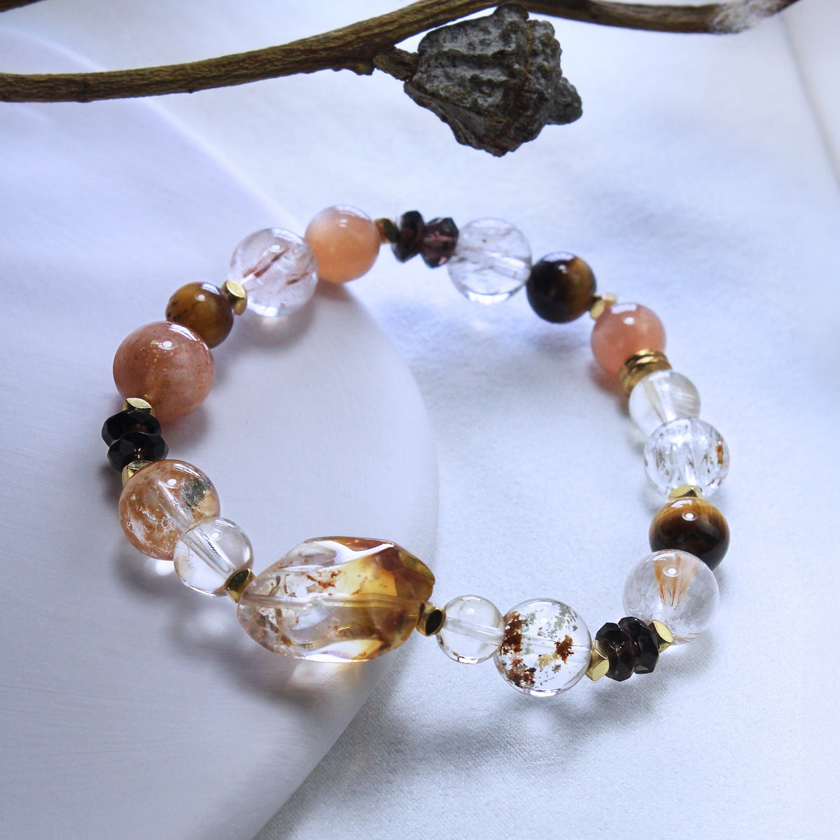 Golden Seasons | Citrine, Peach Moonstone, Rutilated Quartz, Phantom Quartz & Tiger’s Eye | Crystal Bracelet
