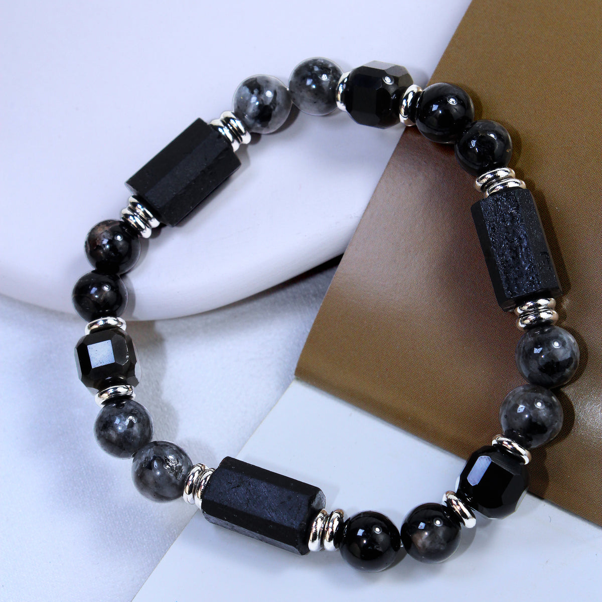 Into the Deep | Black Tourmaline × Obsidian × Blue Flash Larvikite  | Couple Crystal Bracelet