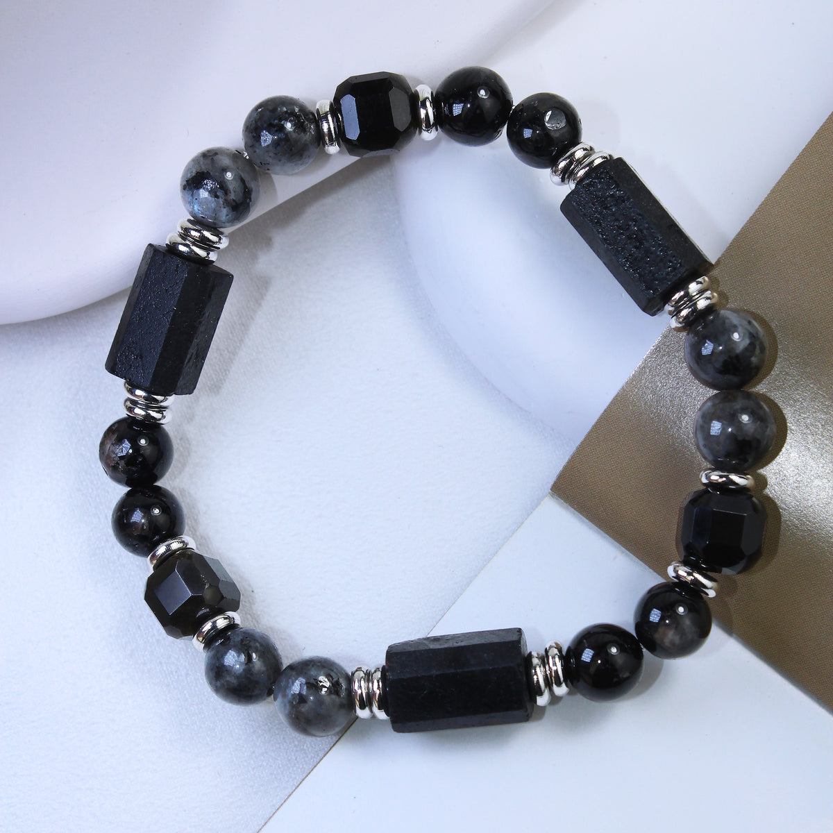 Into the Deep | Black Tourmaline × Obsidian × Blue Flash Larvikite  | Couple Crystal Bracelet