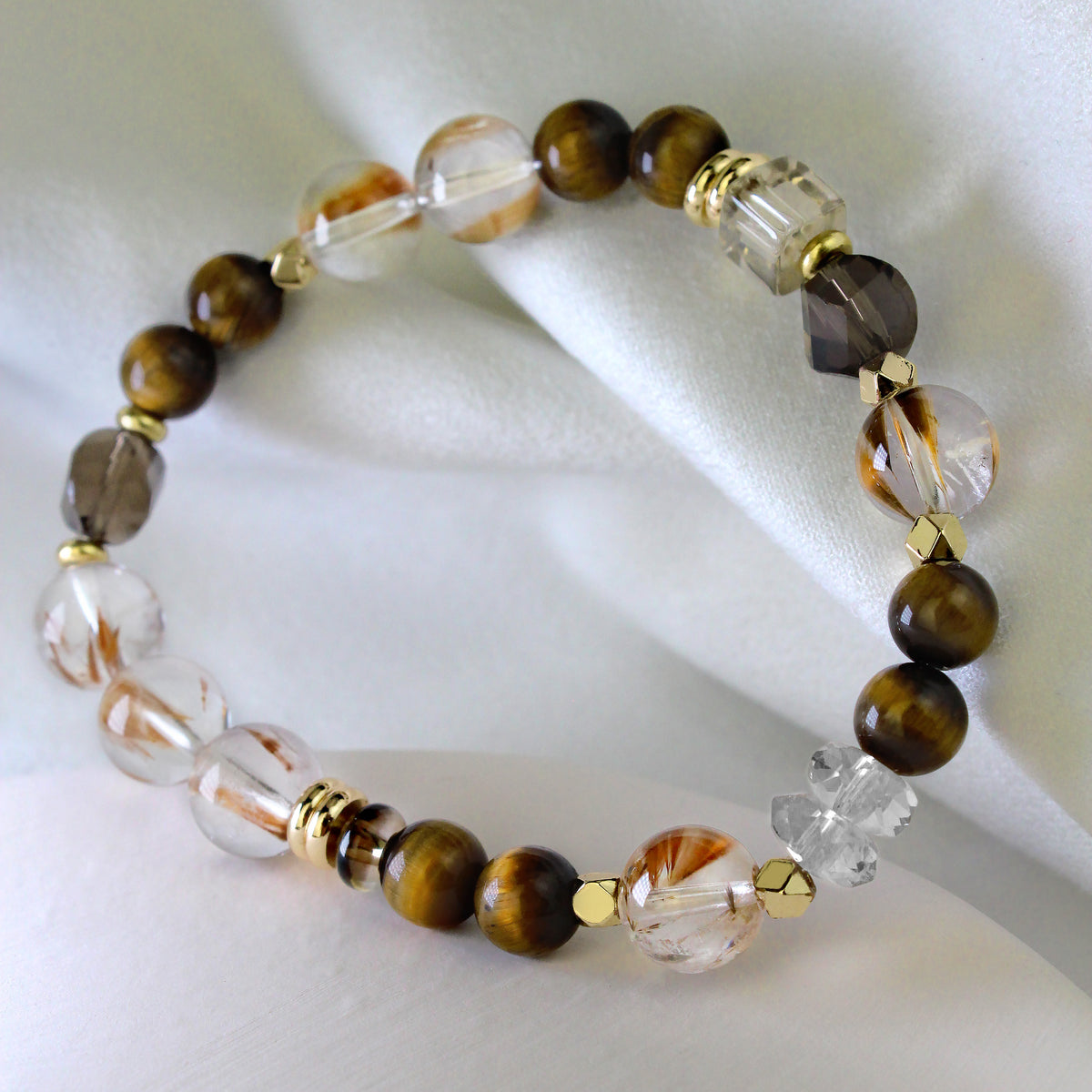 JHUMEN gemstone bracelet beaded jewelry gemstone bracelet Frost Fall Ice Flower, Tiger’s Eye, Smoky Quartz, Cat’s Eye