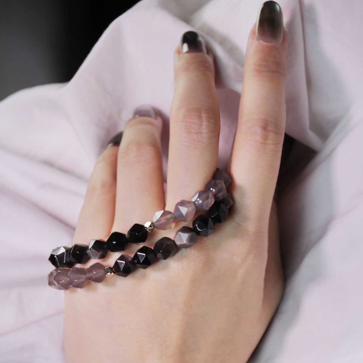Jhumen handmade natural crystal jewelry Obsidian, Purple Chalcedony bracelet