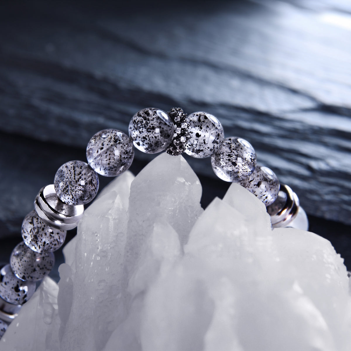 Jhumen Black Strawberry Quartz, Moonstone crystal bracelet