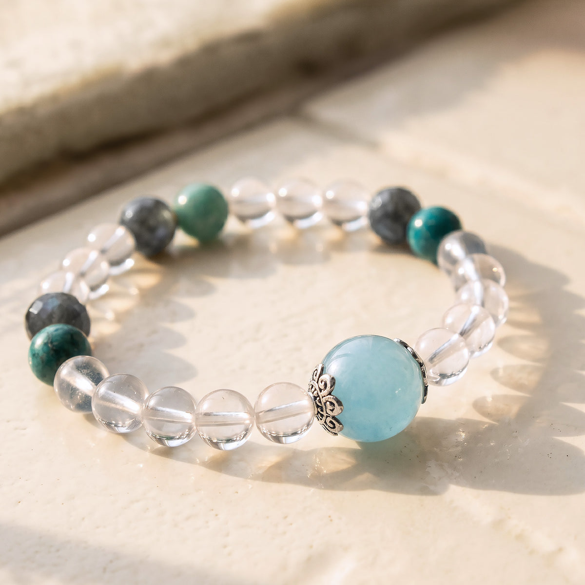 Jhumen JHUMEN Jhumen Blue Apatite, Labradorite, White Phantom Quartz, Aquamarine beaded bracelet