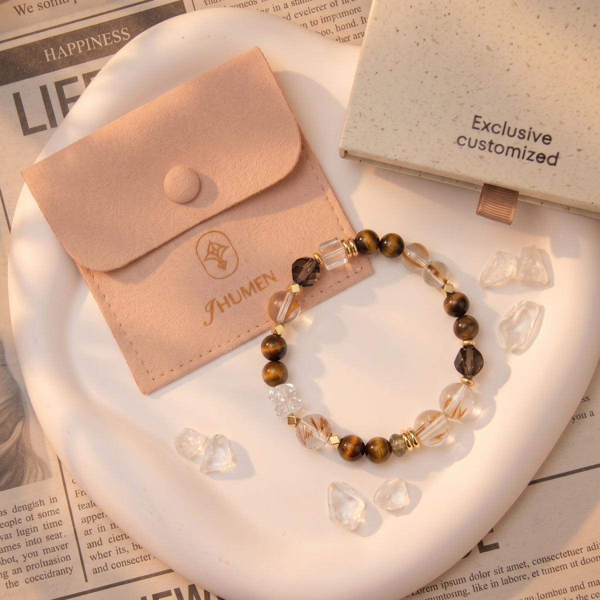 Jhumen gemstone bracelet Frost Fall Ice Flower, Tiger’s Eye, Smoky Quartz, Cat’s Eye