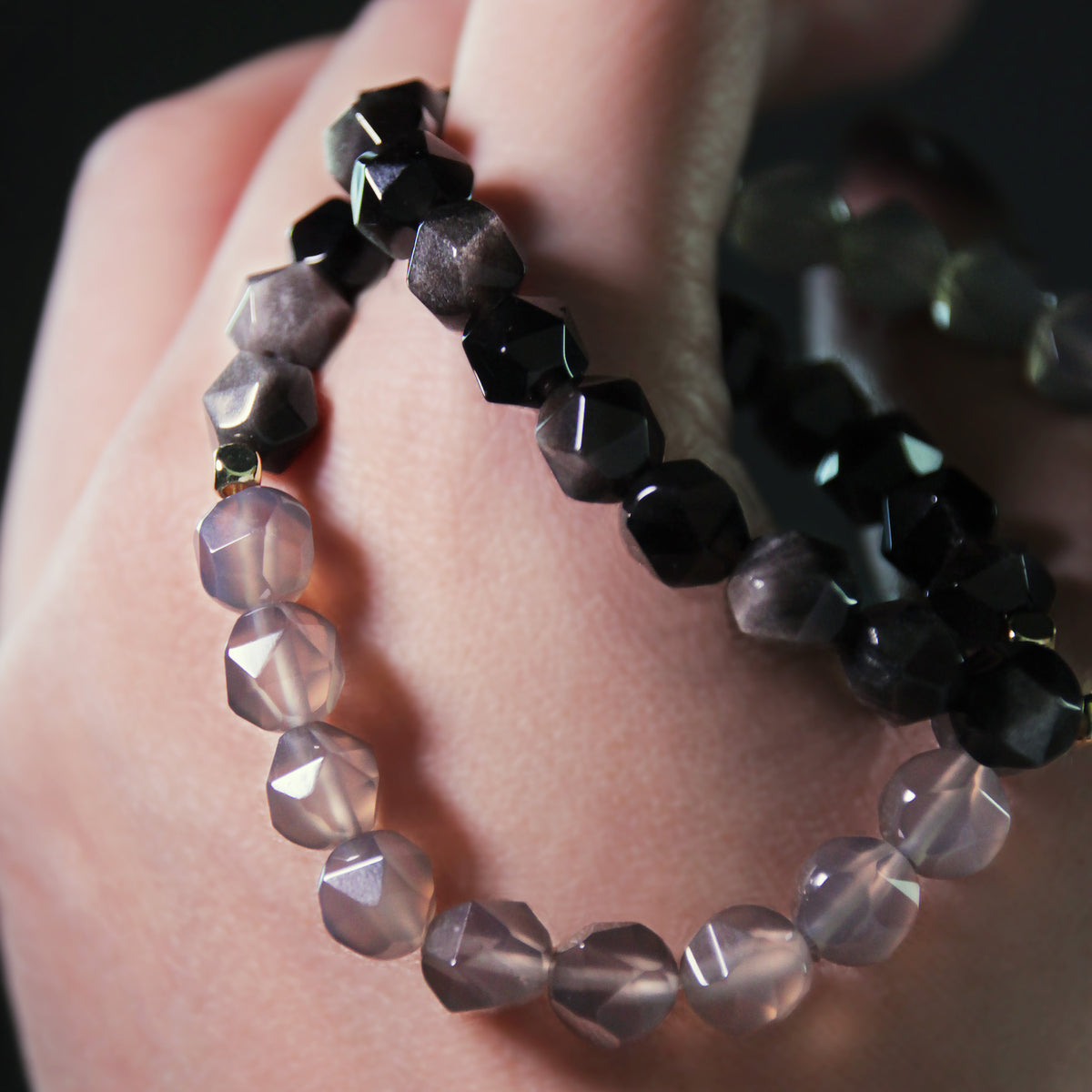 Jhumen Obsidian, Purple Chalcedony natural crystal bracelet