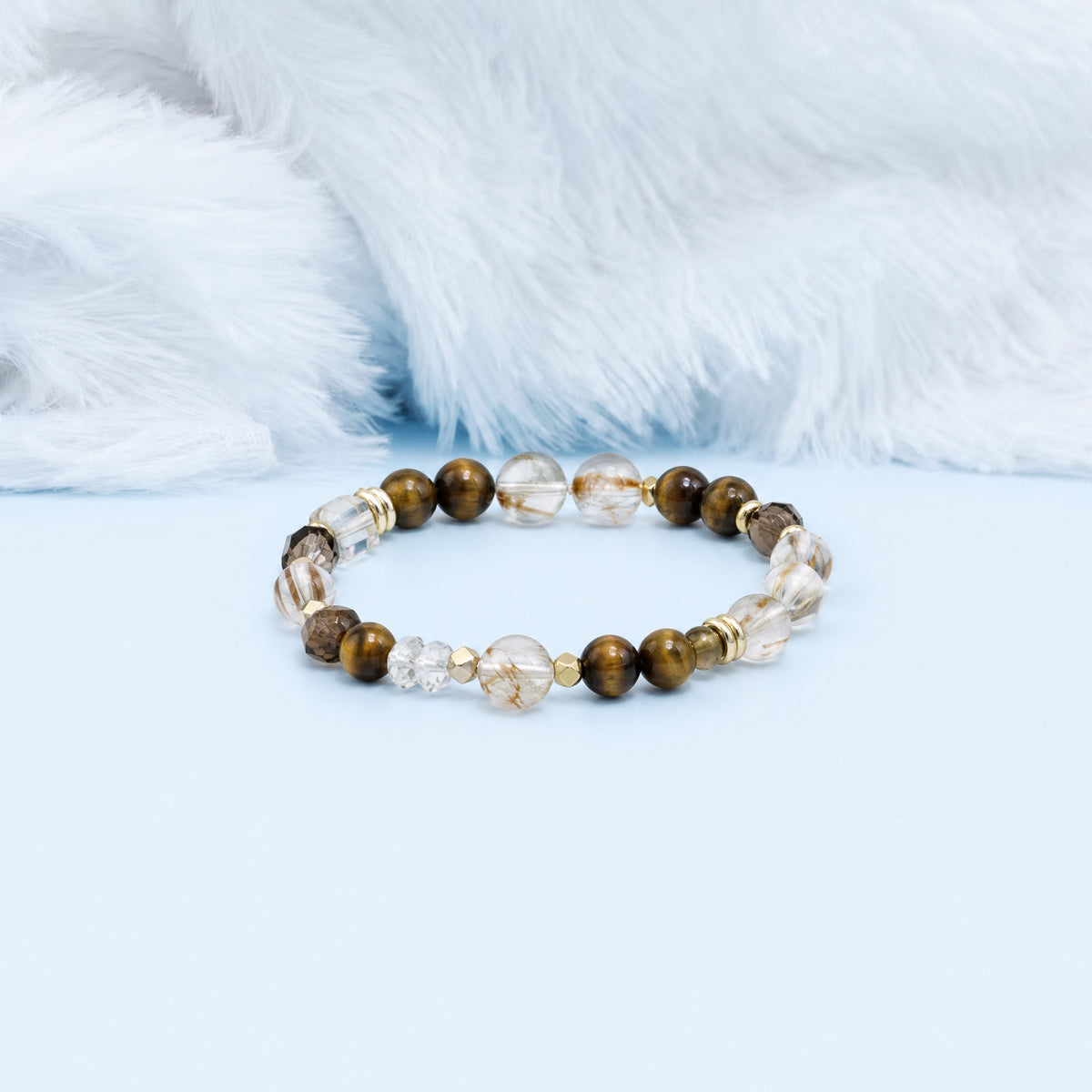gemstone bracelet crystal jewelry gemstone bracelet Frost Fall Ice Flower, Tiger’s Eye, Smoky Quartz, Cat’s Eye Jhumen